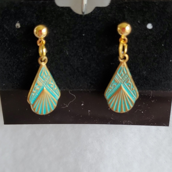 Womens gold & turquoise fan shaped post earrings - Picture 3 of 3